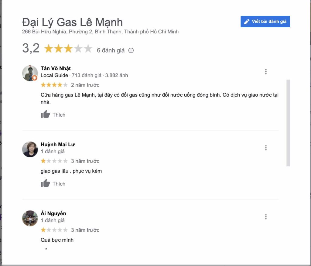 Đánh giá về gas Lê Mạnh trên Google Map